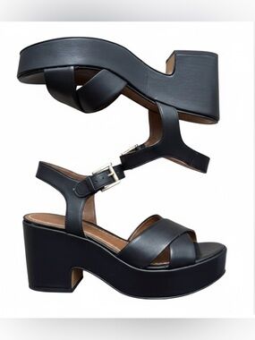 L’Intervalle | Black Genuine Leather Platform Sandals with Gold Hardware